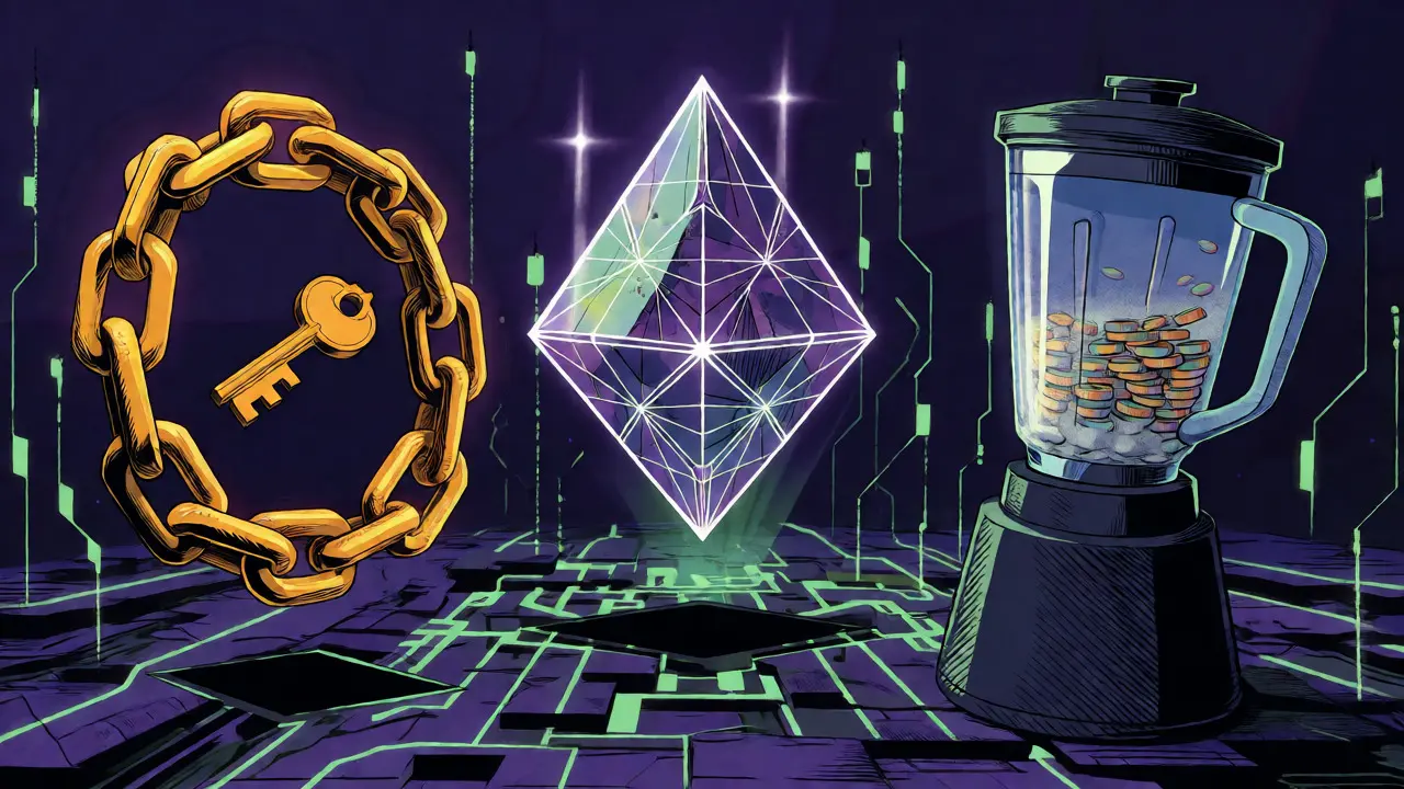Three magical artifacts representing different cryptocurrency privacy technologies.