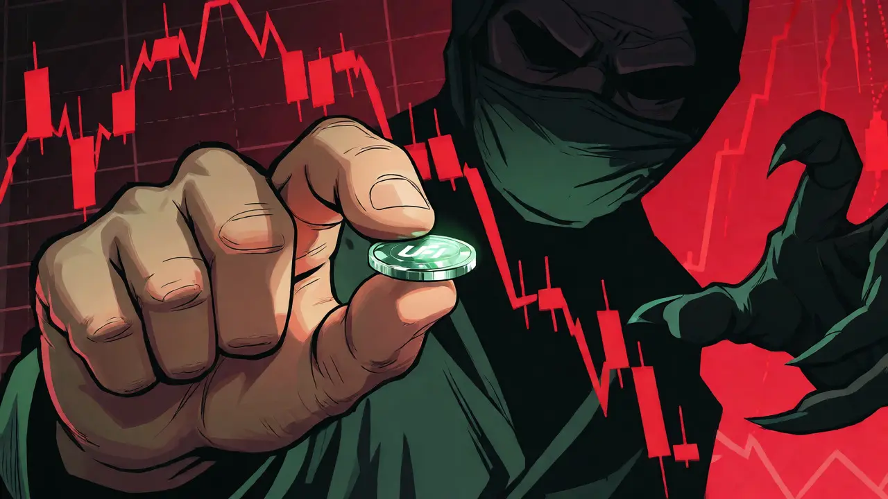 Tiny UFI coin held against a crashing market chart