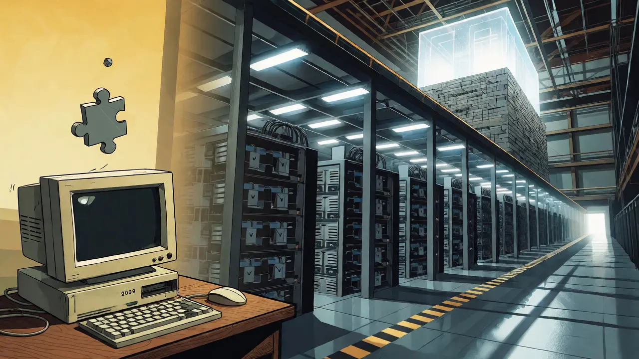 Vertical comic panel showing the evolution from a home PC to massive industrial mining farms.