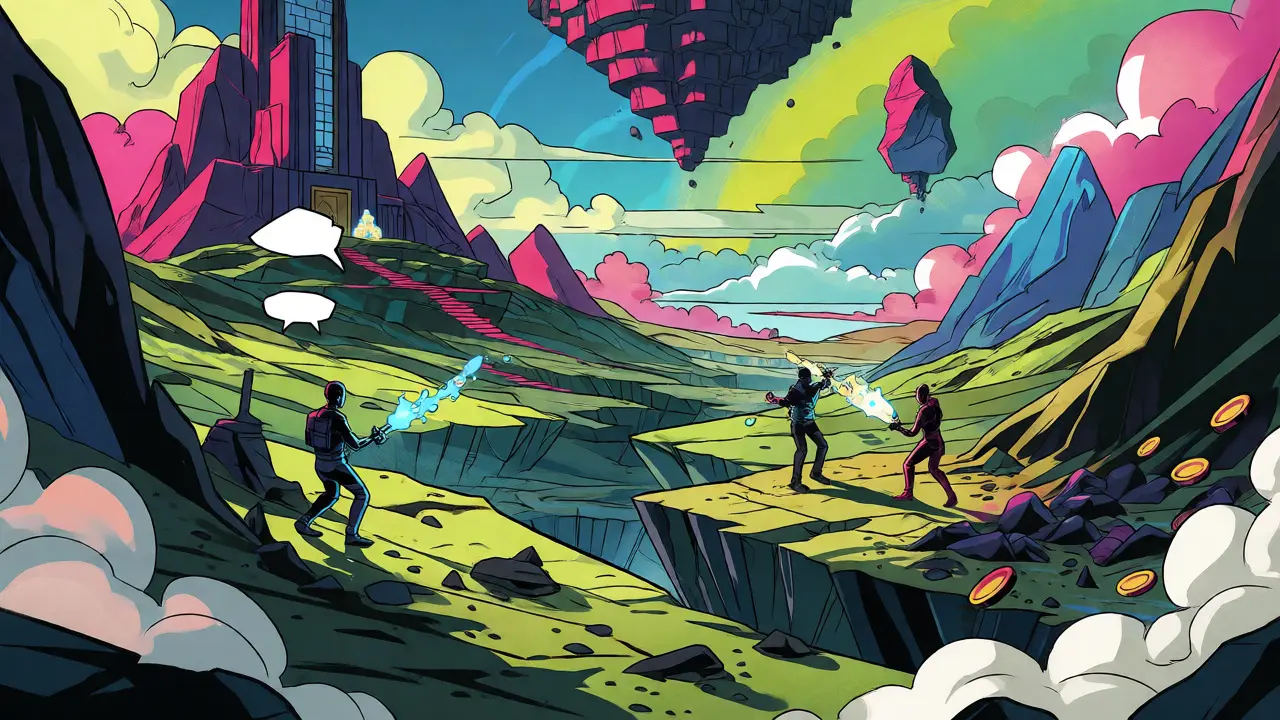 Vibrant comic book scene of avatars exploring a colorful alien metaverse landscape.