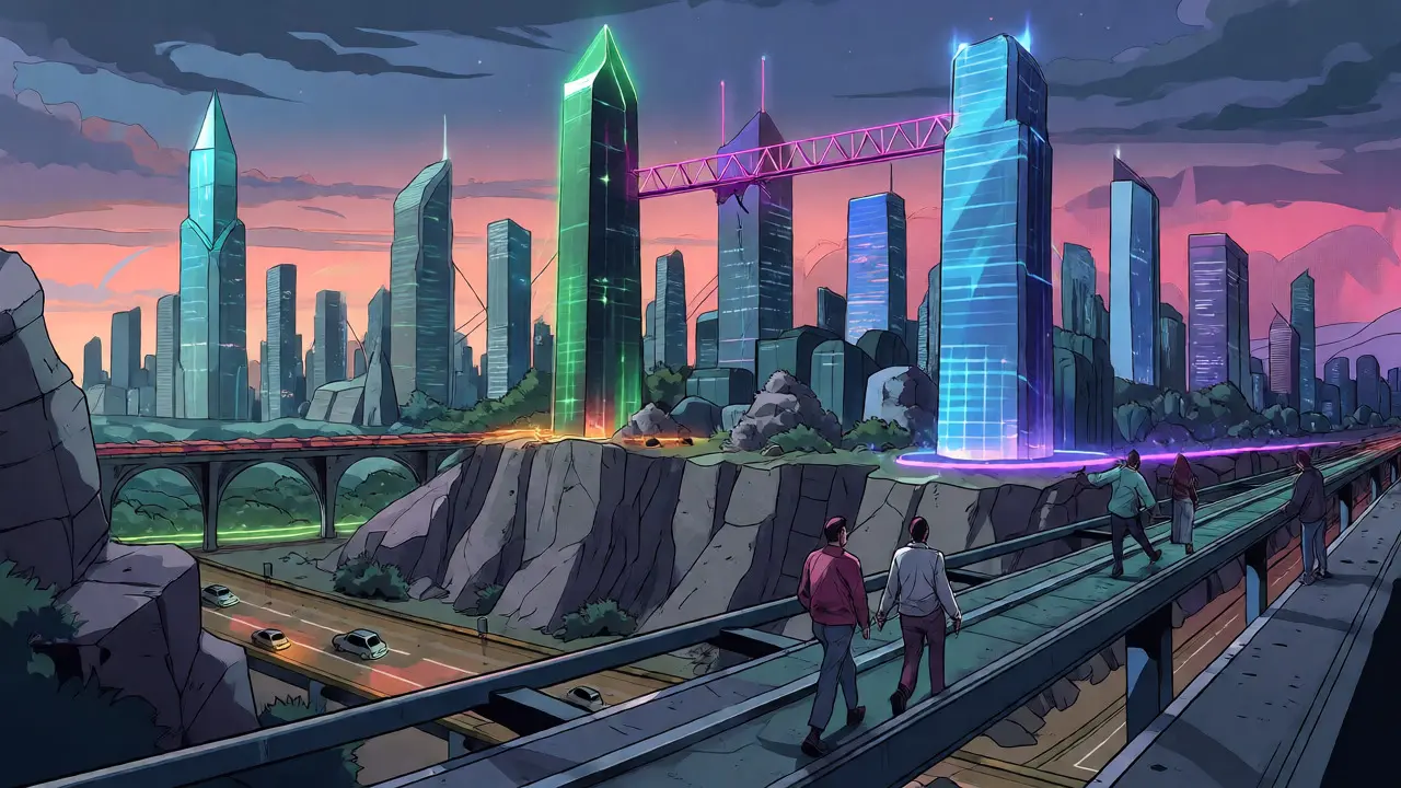 Futuristic cityscape representing the interconnected Ethereum Layer 2 network ecosystem.